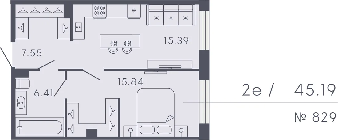 Планировка: Однокомнатная квартира 45 м² в «17/33 Петровский остров»