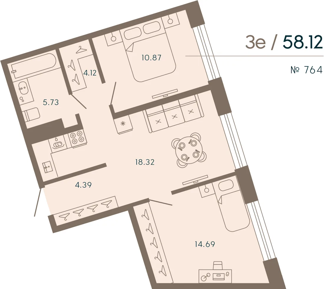 Планировка: Двухкомнатная квартира 58 м² в «17/33 Петровский остров»