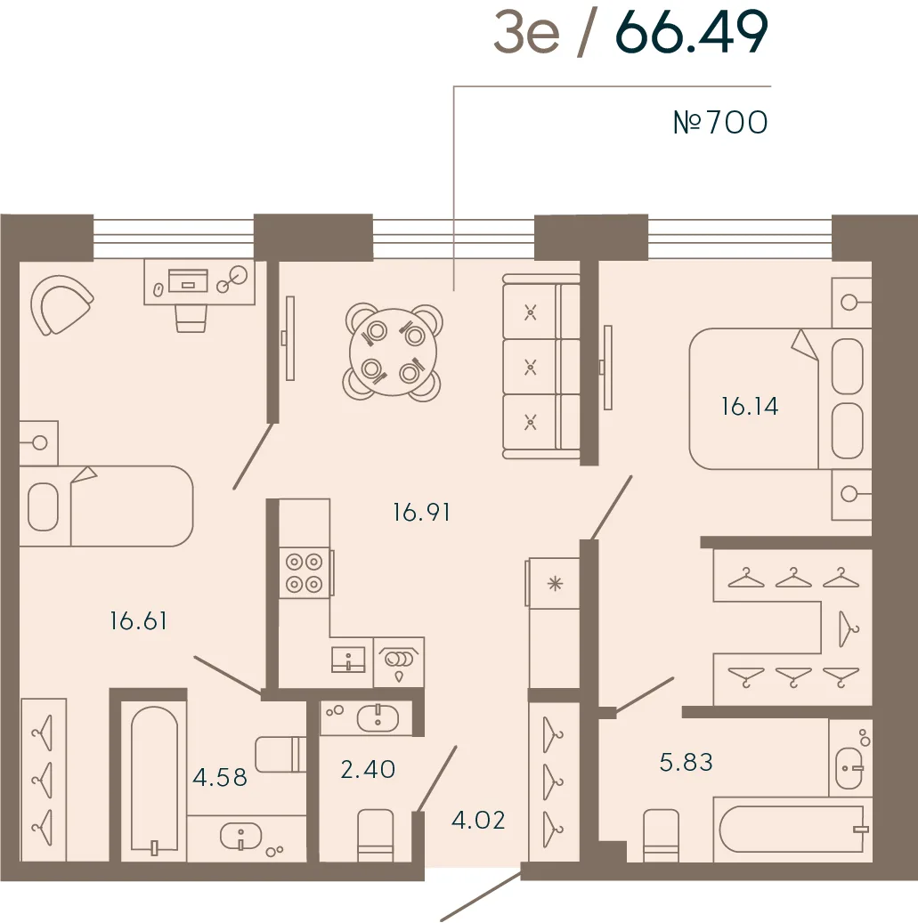 Планировка: Двухкомнатная квартира 66 м² в «17/33 Петровский остров»
