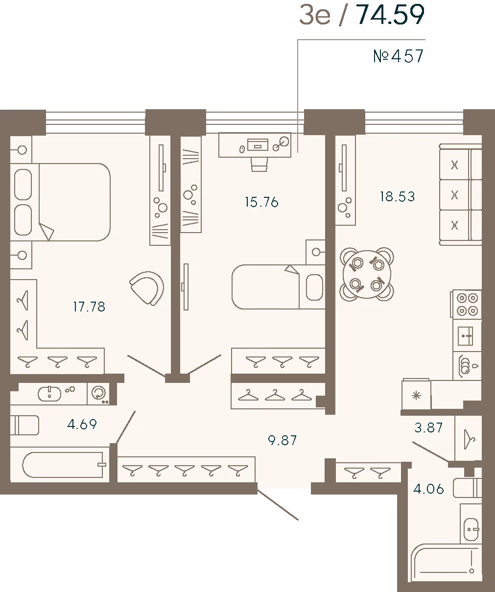 Планировка: Двухкомнатная квартира 75 м² в «17/33 Петровский остров»