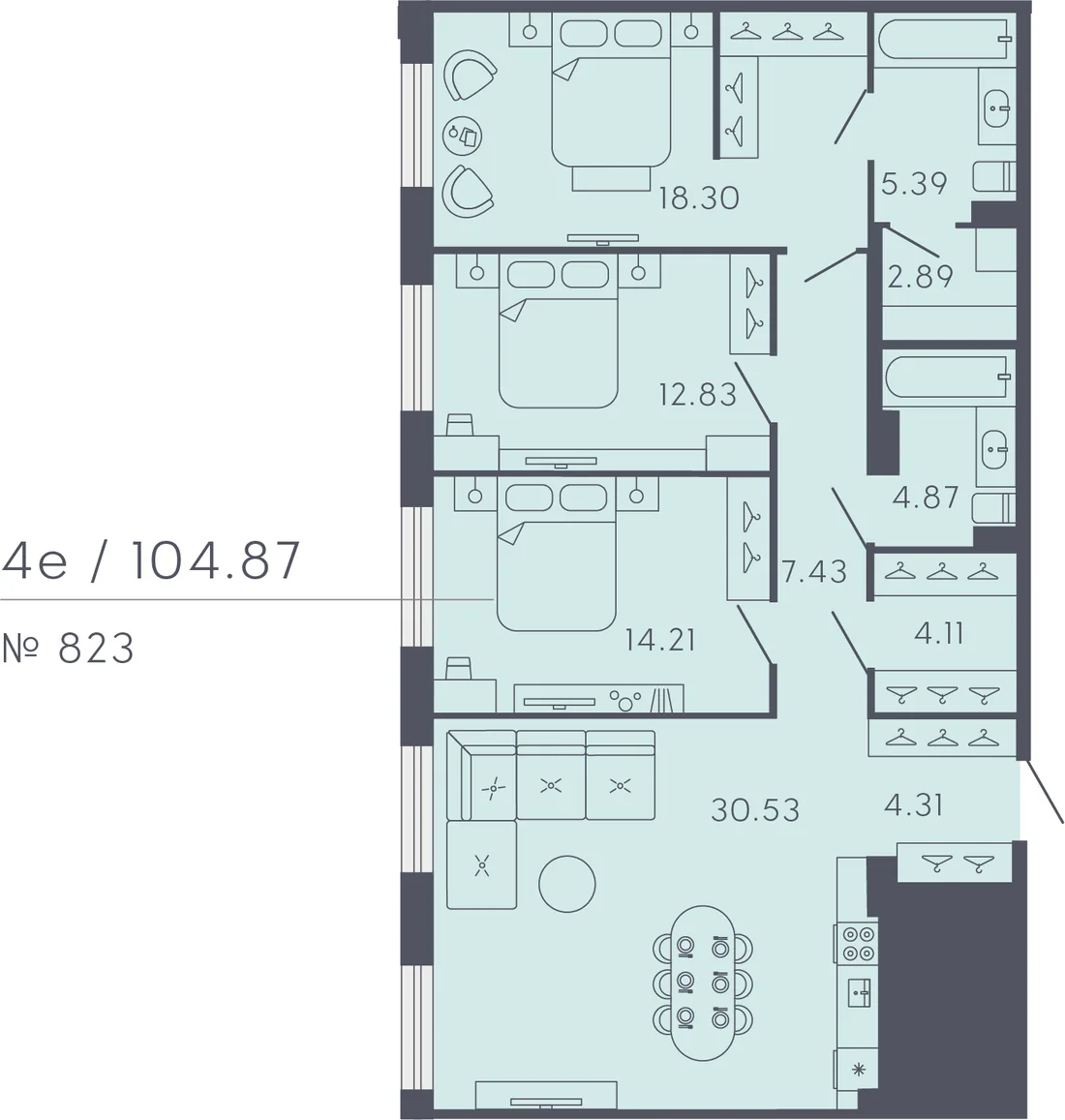 Планировка: Трёхкомнатная квартира 105 м² в «17/33 Петровский остров»