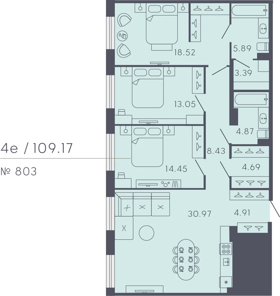 Планировка: Трёхкомнатная квартира 109 м² в «17/33 Петровский остров»