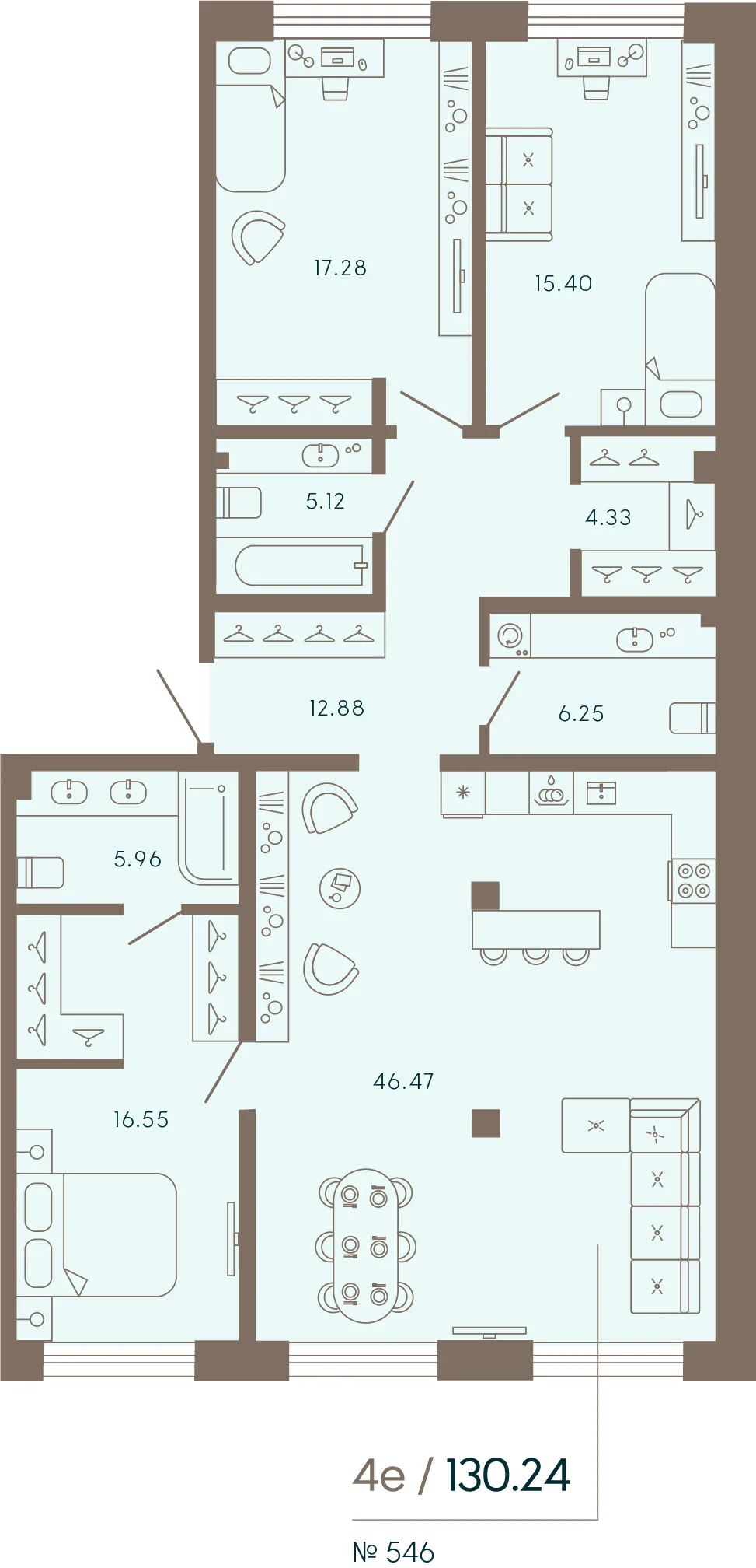 Планировка: Трёхкомнатная квартира 130 м² в «17/33 Петровский остров»