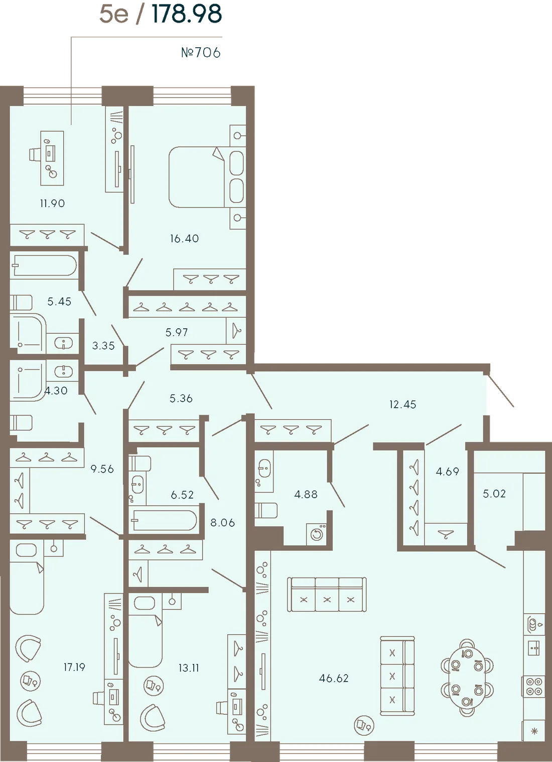 Планировка: Четырёхкомнатная квартира 179 м² в «17/33 Петровский остров»