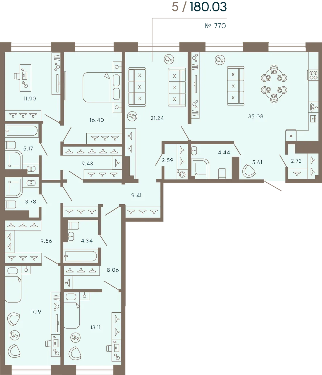 Планировка: Пятикомнатная квартира 180 м² в «17/33 Петровский остров»