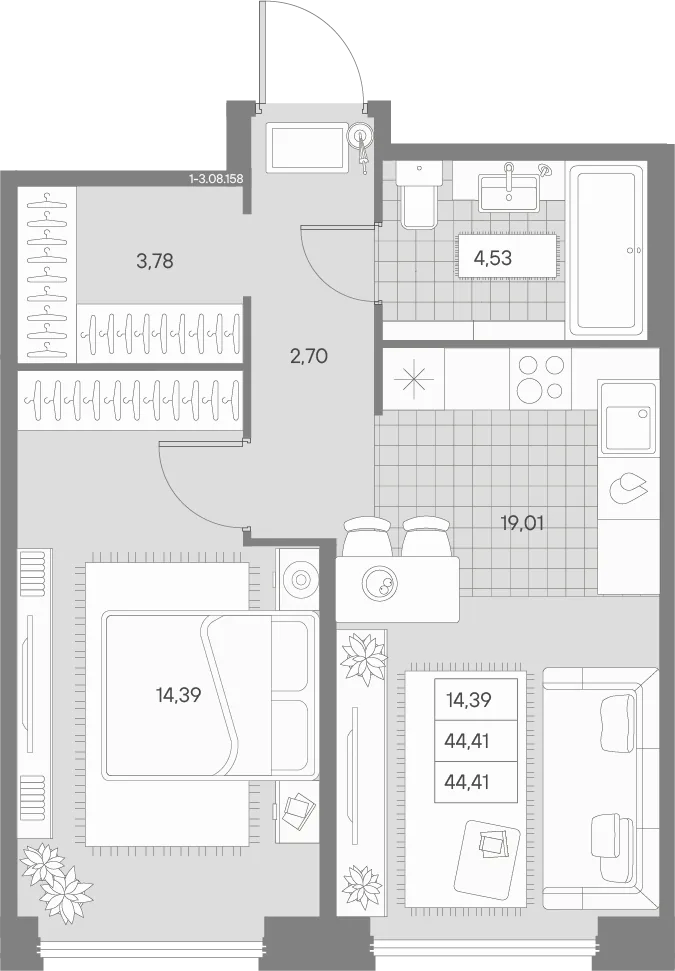 Планировка: Однокомнатная квартира 44 м² в «AVANT»