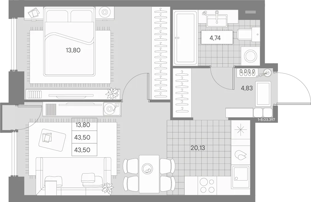 Планировка: Однокомнатная квартира 44 м² в «AVANT»