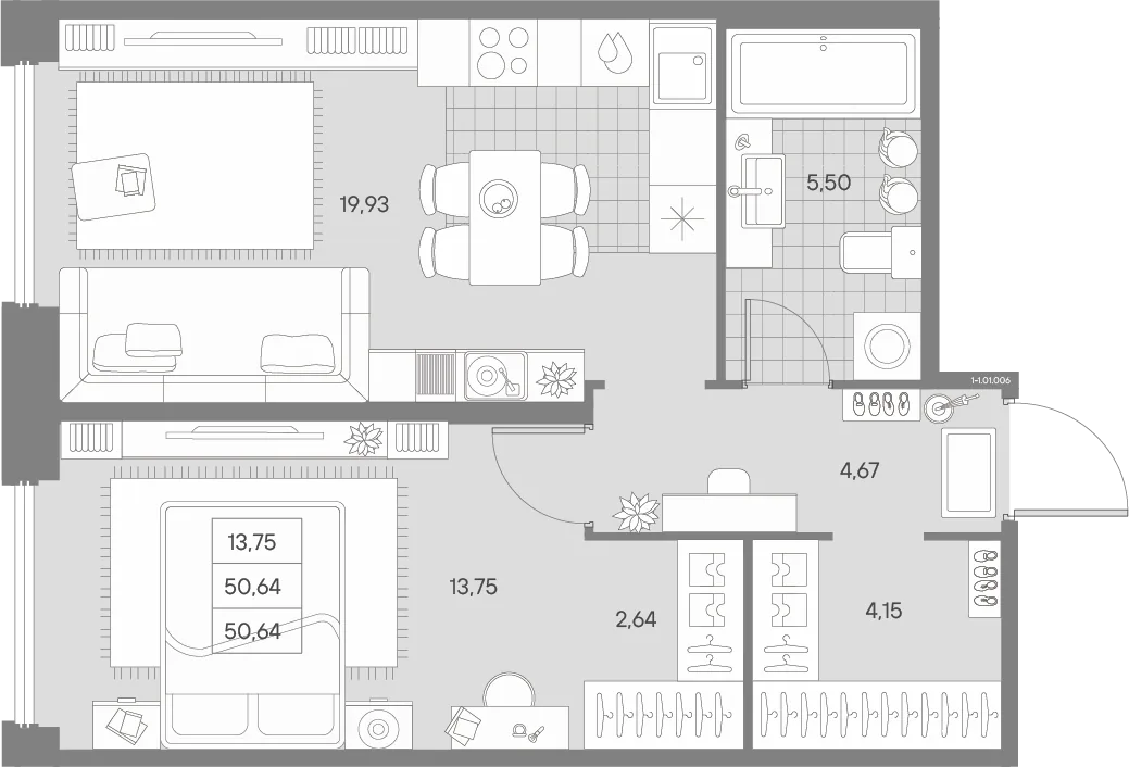 Планировка: Однокомнатная квартира 51 м² в «AVANT»