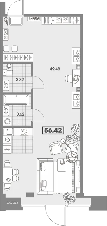 Планировка: Однокомнатная квартира 56 м² в «AVANT»