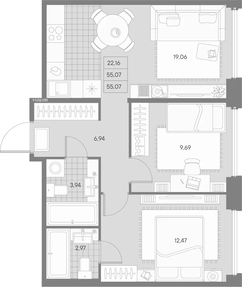Планировка: Двухкомнатная квартира 55 м² в «AVANT»