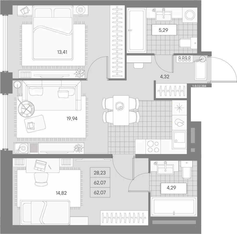 Планировка: Двухкомнатная квартира 62 м² в «AVANT»