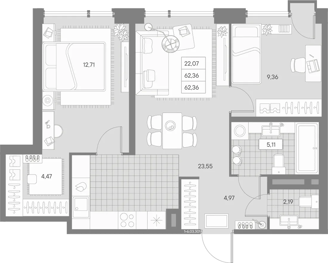 Планировка: Двухкомнатная квартира 62 м² в «AVANT»