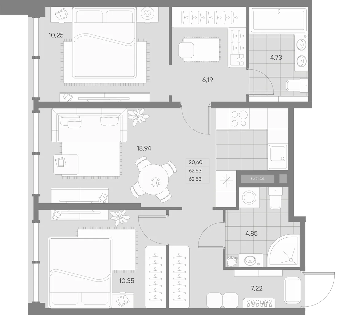 Планировка: Двухкомнатная квартира 63 м² в «AVANT»