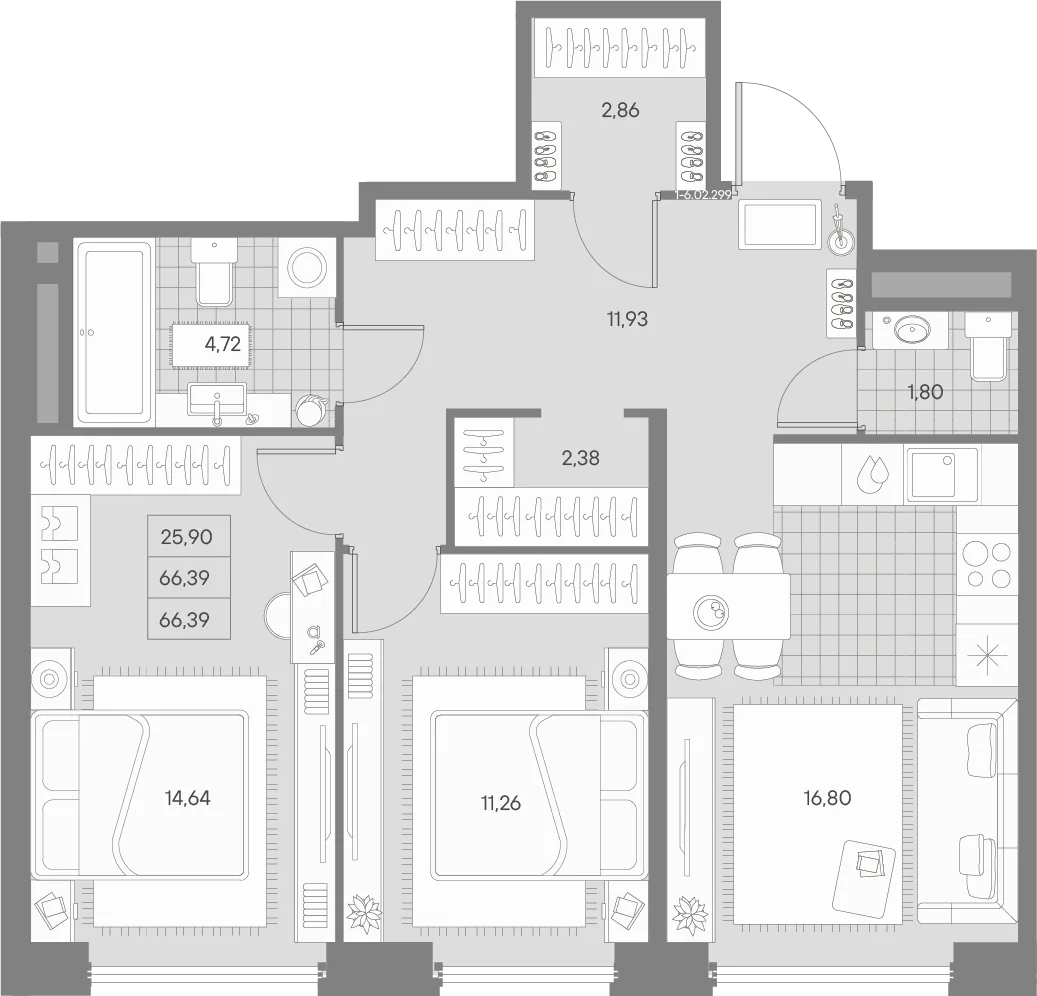 Планировка: Двухкомнатная квартира 66 м² в «AVANT»