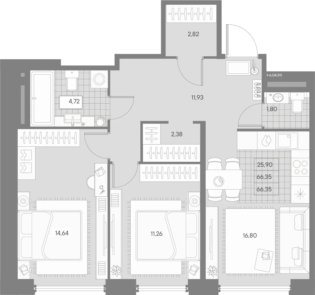Планировка: Двухкомнатная квартира 66 м² в «AVANT»