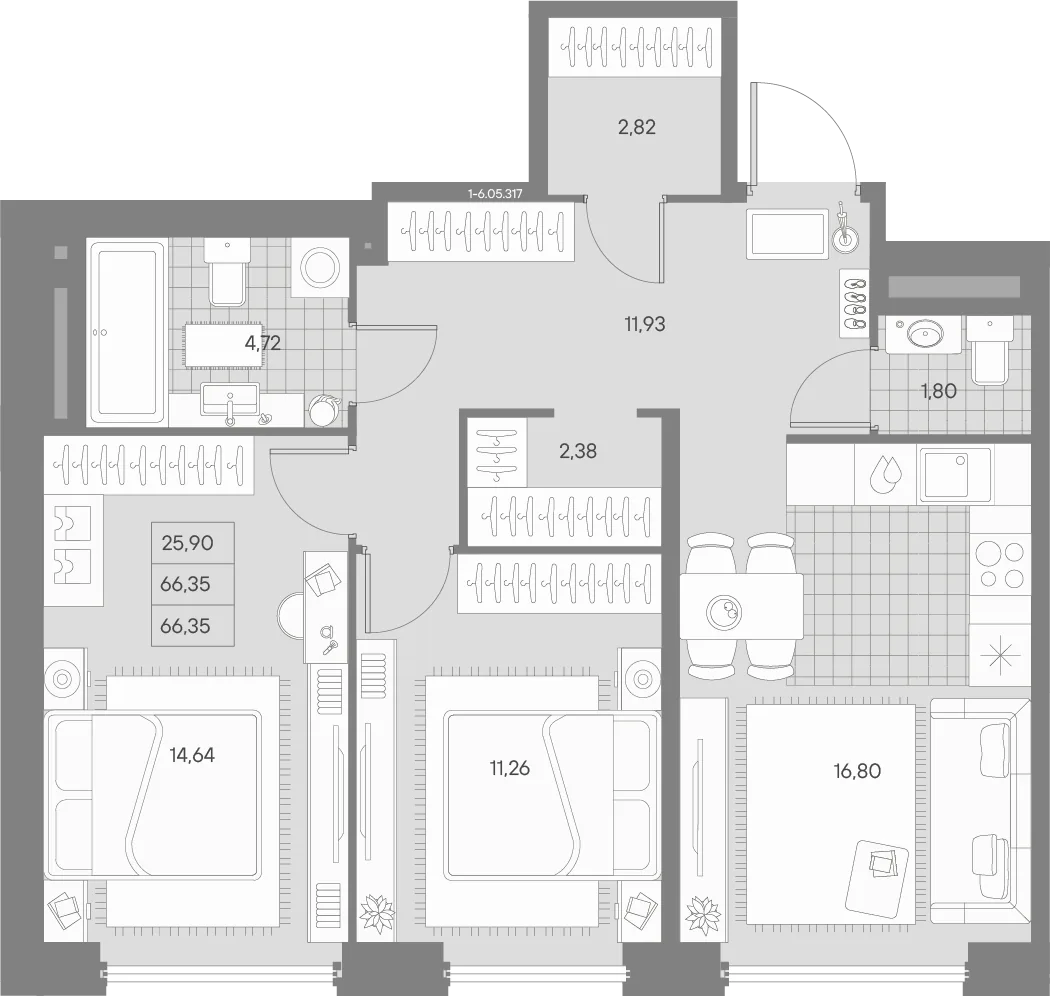 Планировка: Двухкомнатная квартира 66 м² в «AVANT»