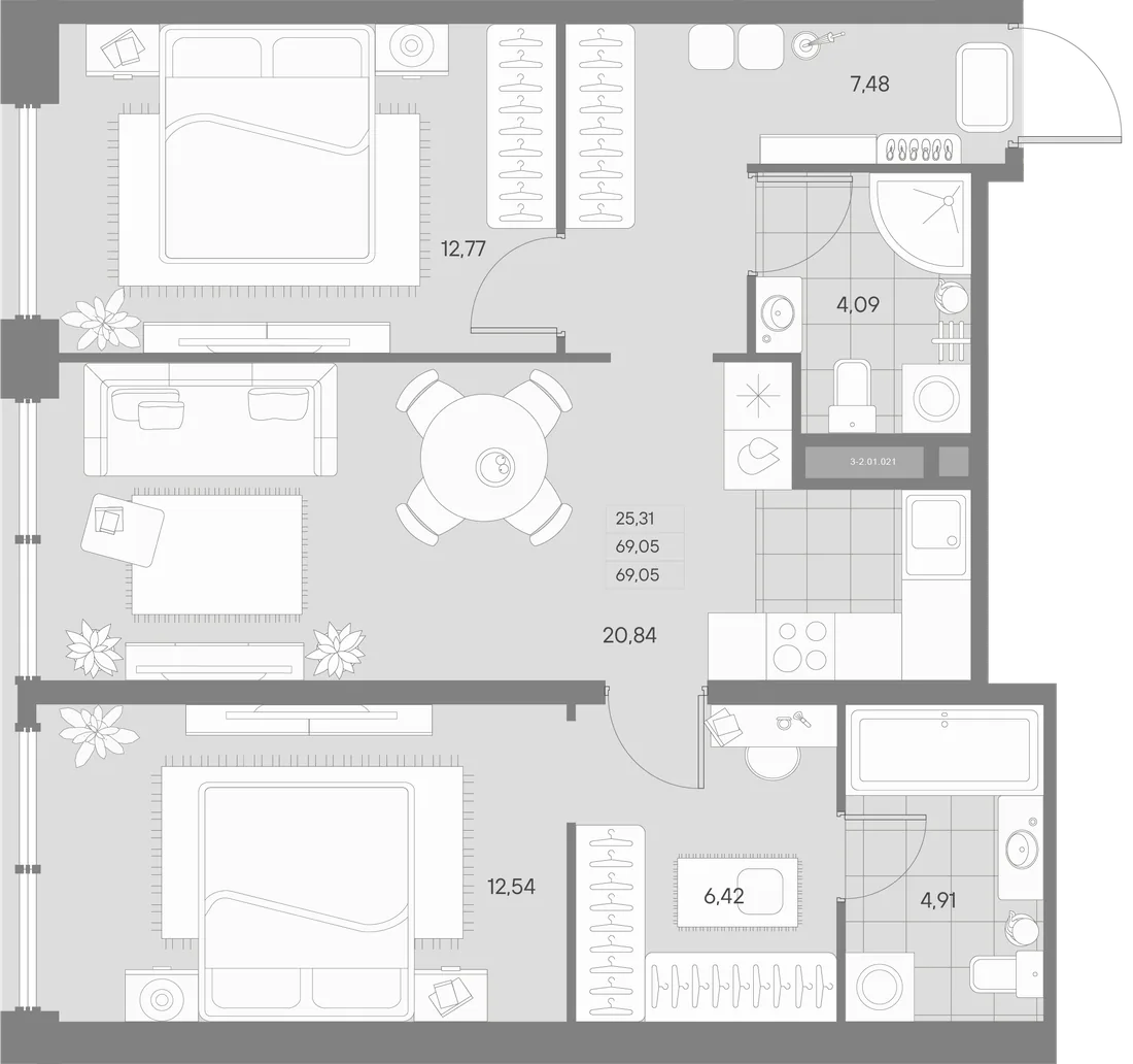 Планировка: Двухкомнатная квартира 69 м² в «AVANT»