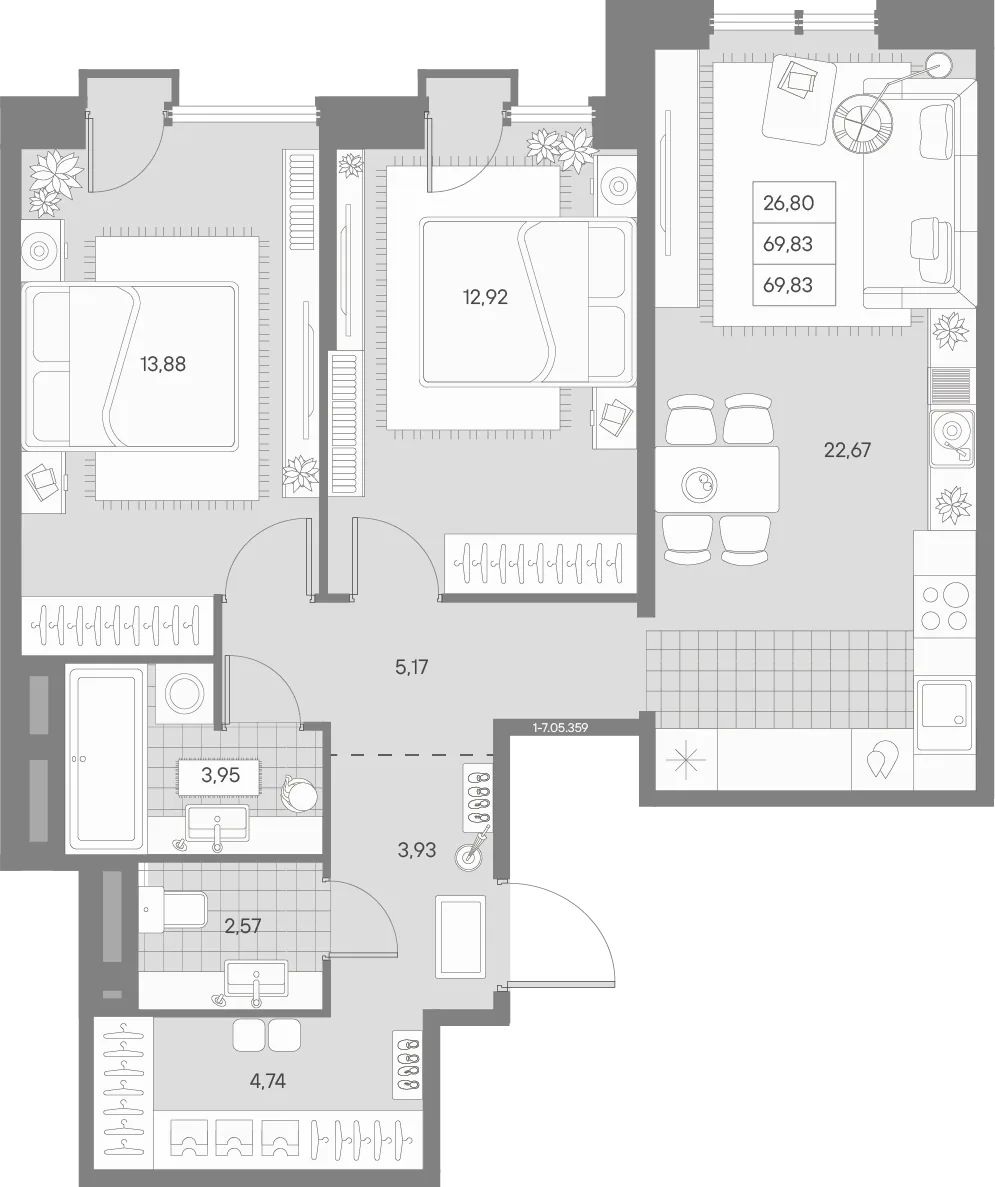 Планировка: Двухкомнатная квартира 70 м² в «AVANT»