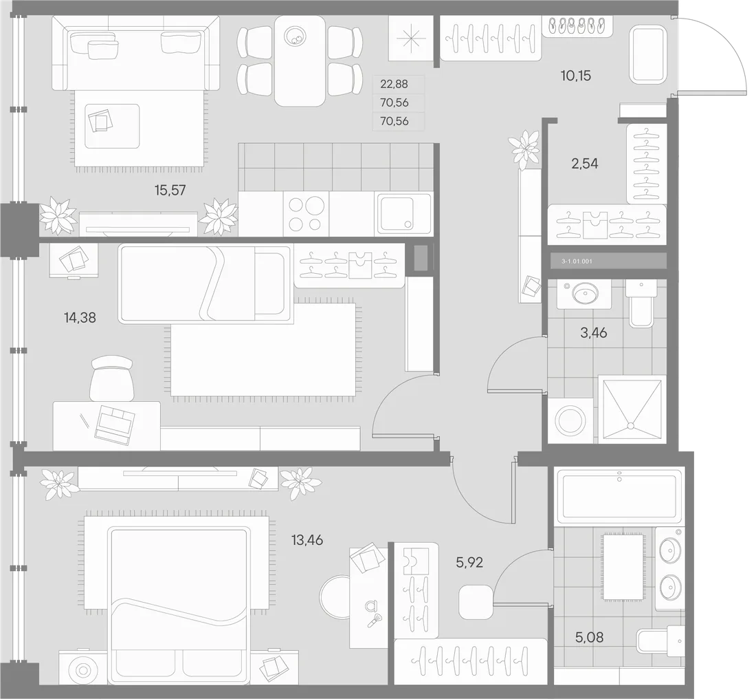 Планировка: Двухкомнатная квартира 71 м² в «AVANT»