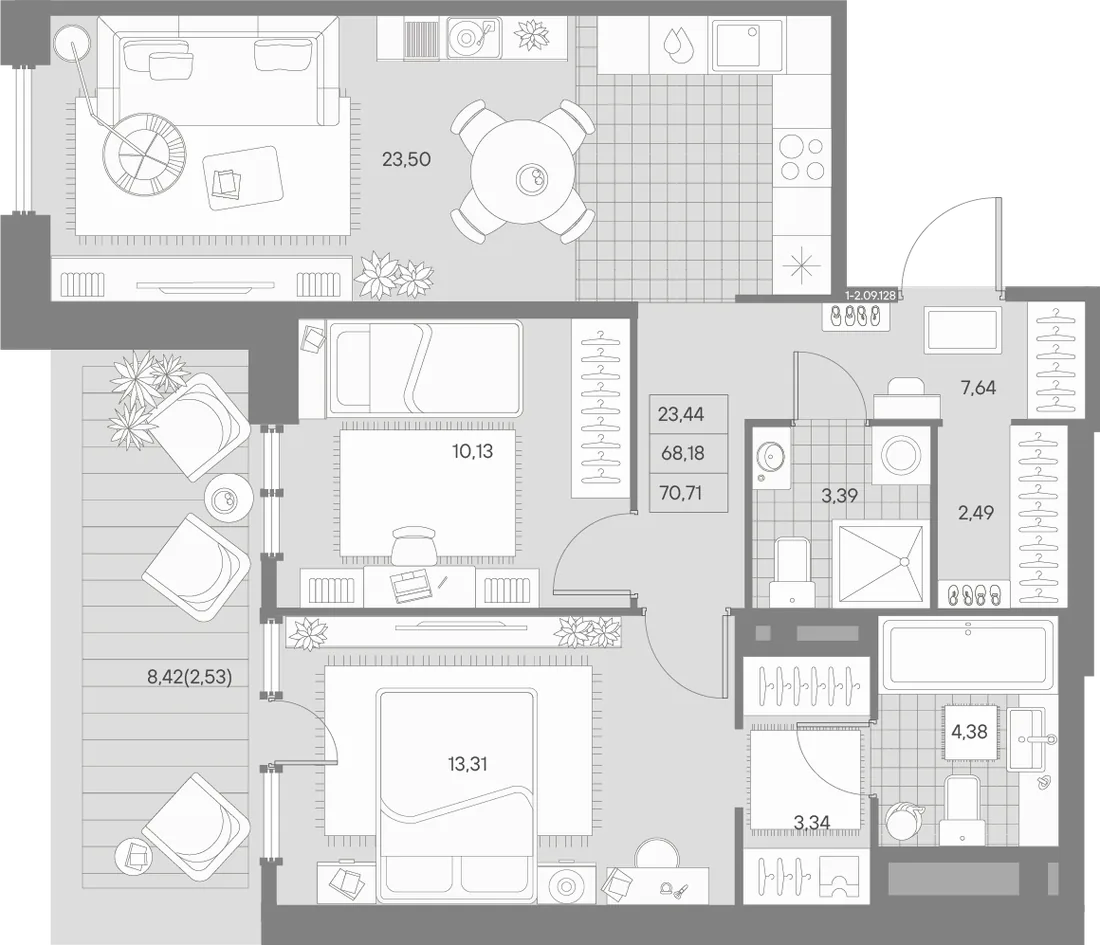Планировка: Двухкомнатная квартира 71 м² в «AVANT»