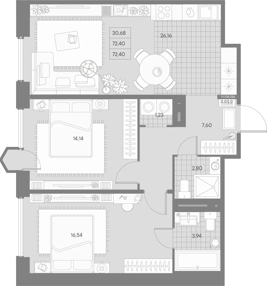 Планировка: Двухкомнатная квартира 72 м² в «AVANT»