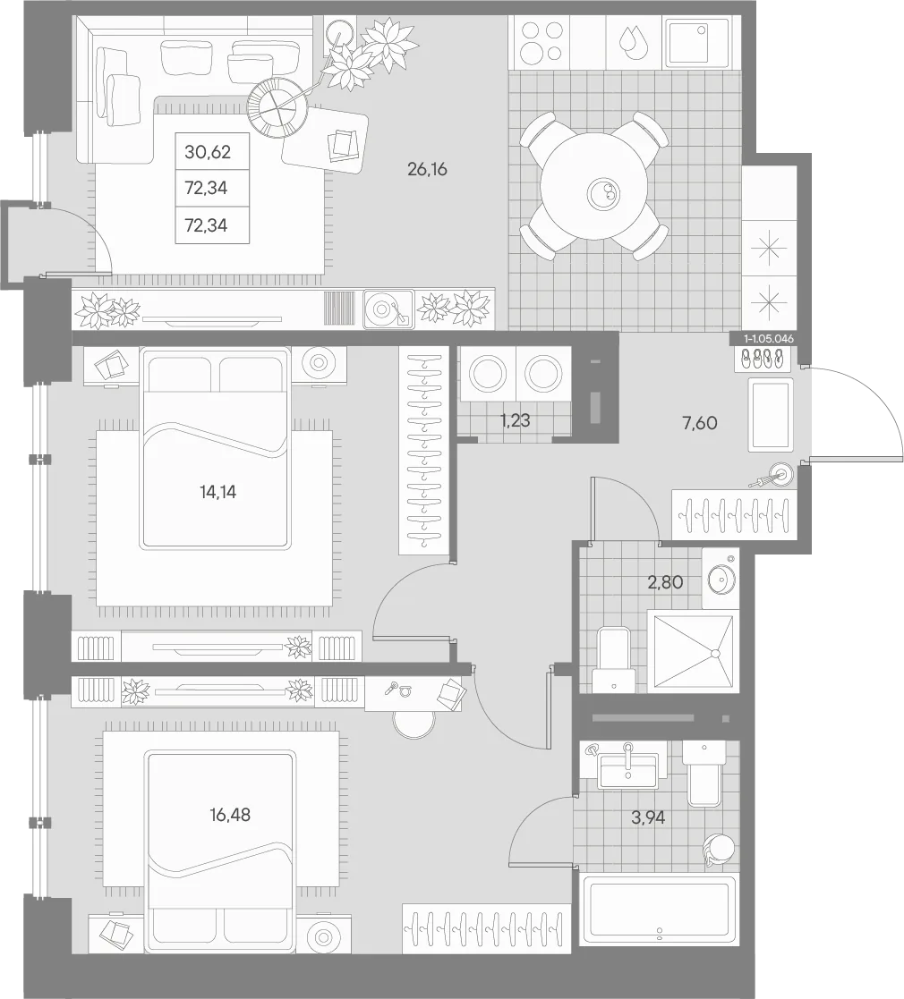 Планировка: Двухкомнатная квартира 72 м² в «AVANT»
