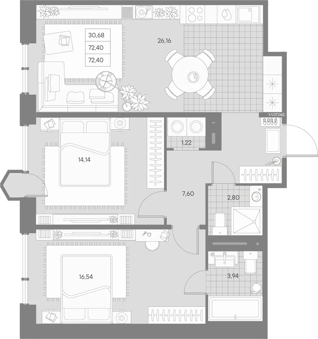Планировка: Двухкомнатная квартира 72 м² в «AVANT»