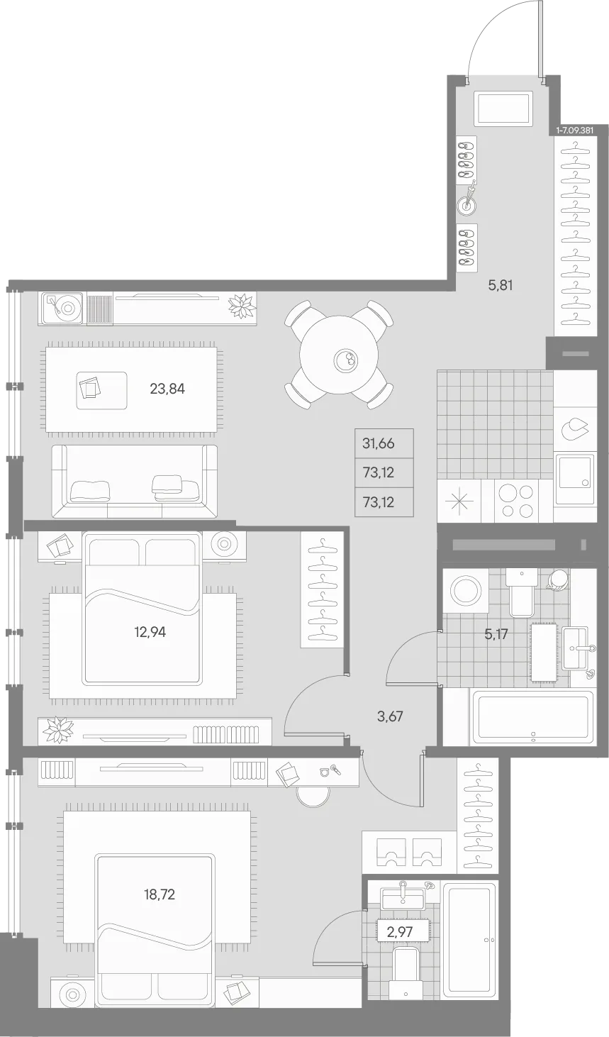 Планировка: Двухкомнатная квартира 73 м² в «AVANT»