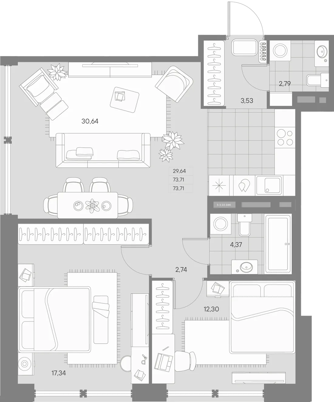 Планировка: Двухкомнатная квартира 74 м² в «AVANT»
