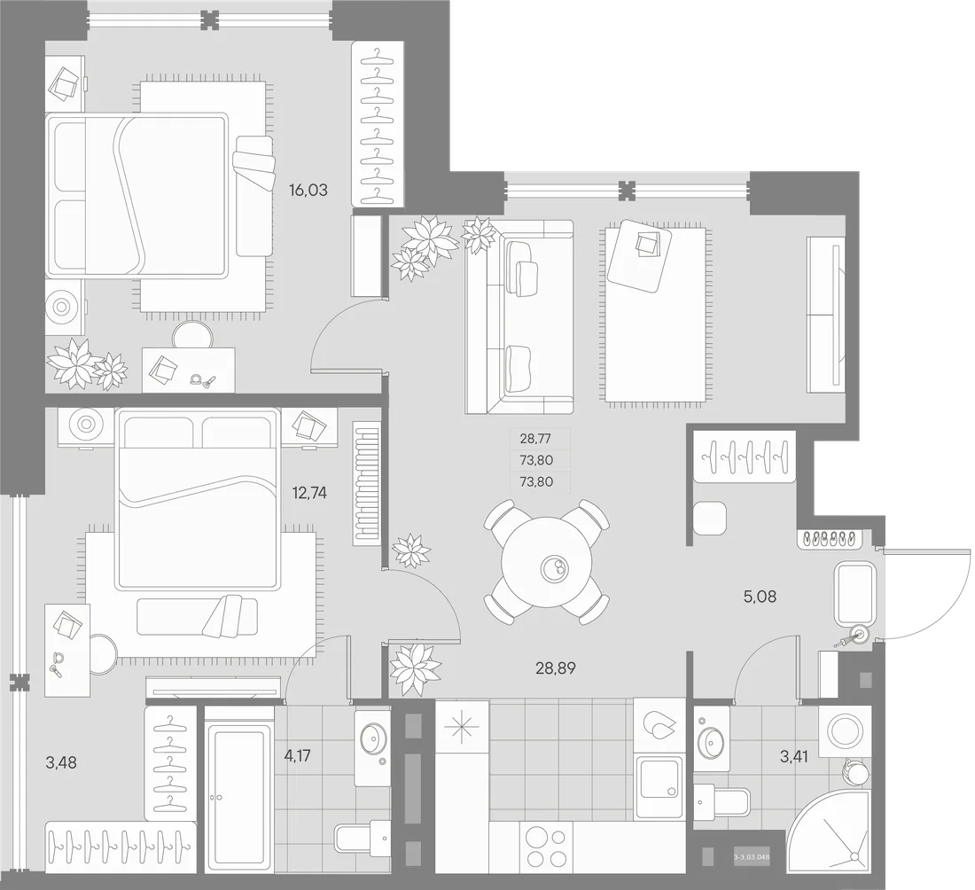 Планировка: Двухкомнатная квартира 74 м² в «AVANT»