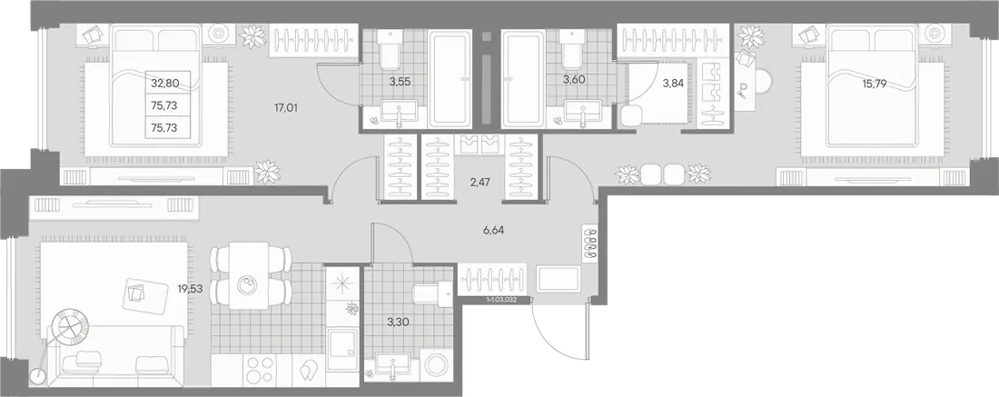 Планировка: Двухкомнатная квартира 76 м² в «AVANT»