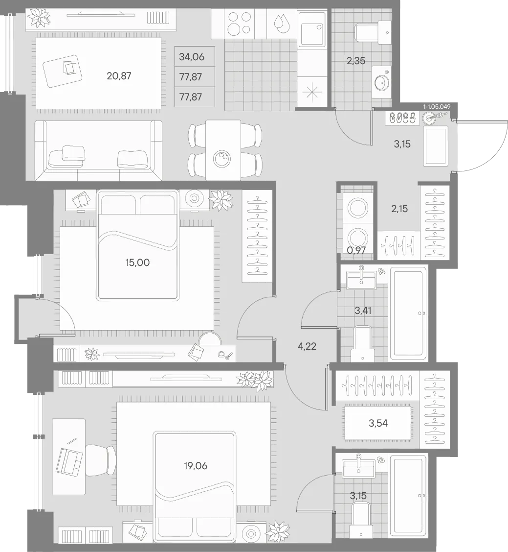 Планировка: Двухкомнатная квартира 78 м² в «AVANT»