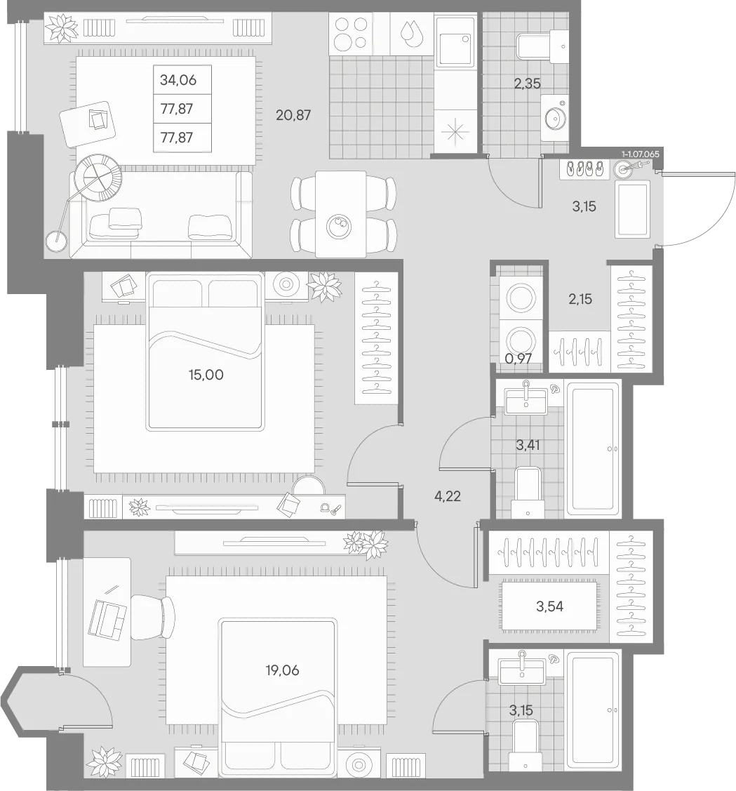 Планировка: Двухкомнатная квартира 78 м² в «AVANT»