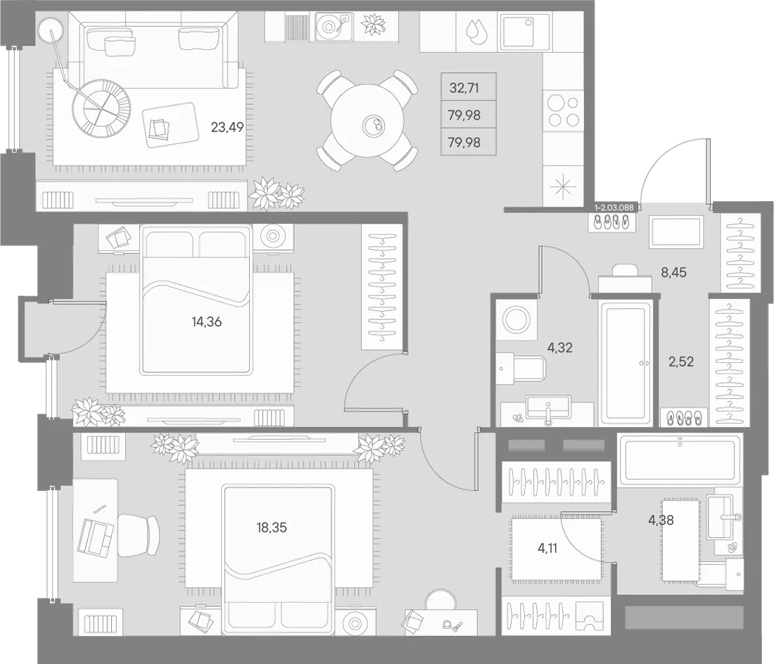 Планировка: Двухкомнатная квартира 80 м² в «AVANT»
