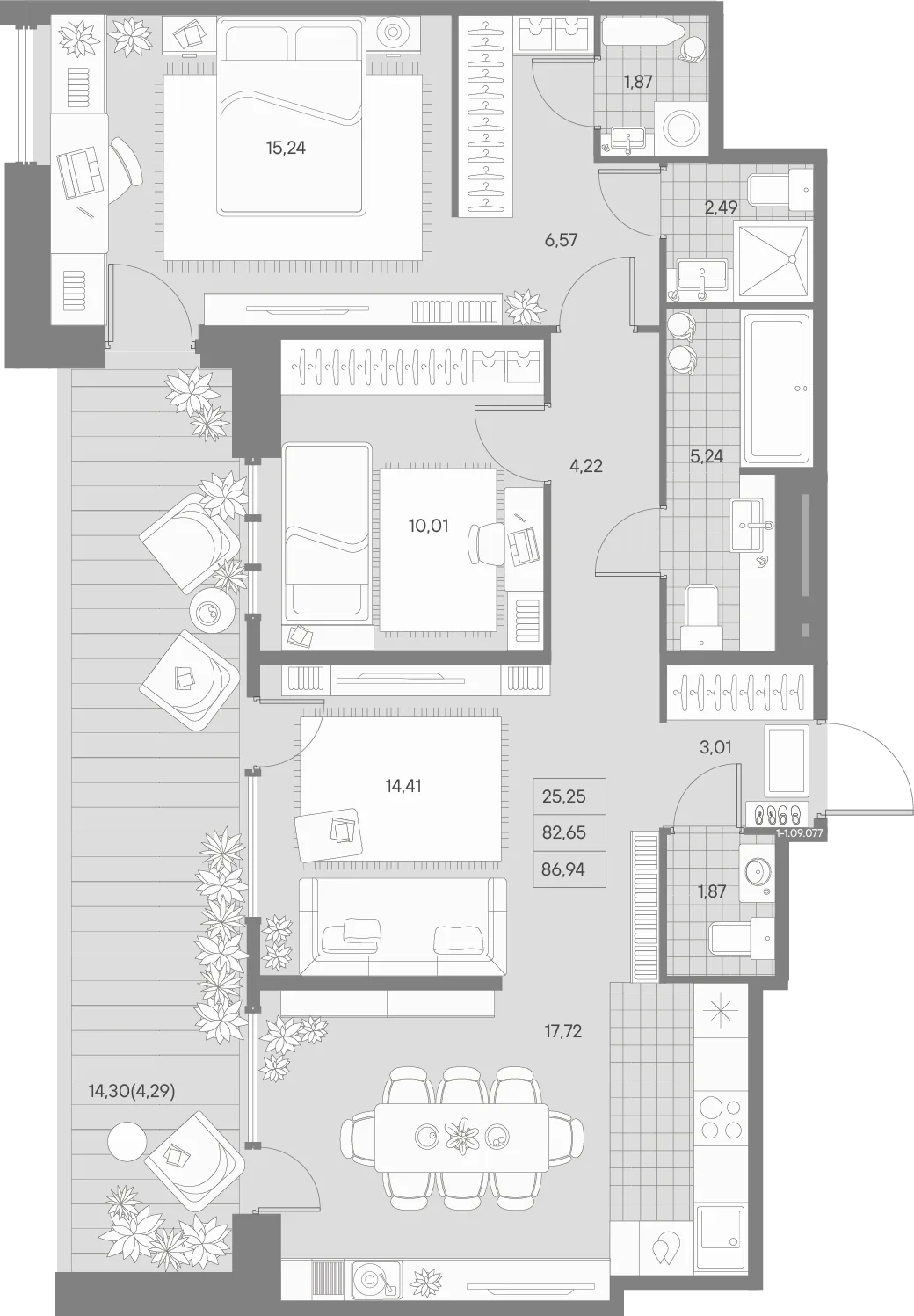 Планировка: Двухкомнатная квартира 87 м² в «AVANT»