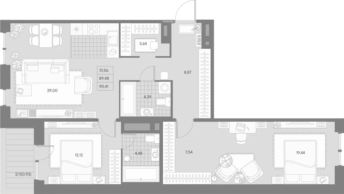 Планировка: Двухкомнатная квартира 90 м² в «AVANT»