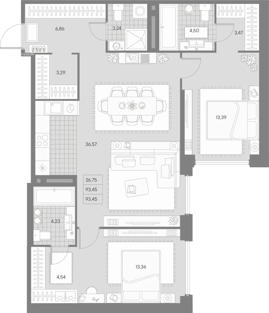 Планировка: Двухкомнатная квартира 94 м² в «AVANT»
