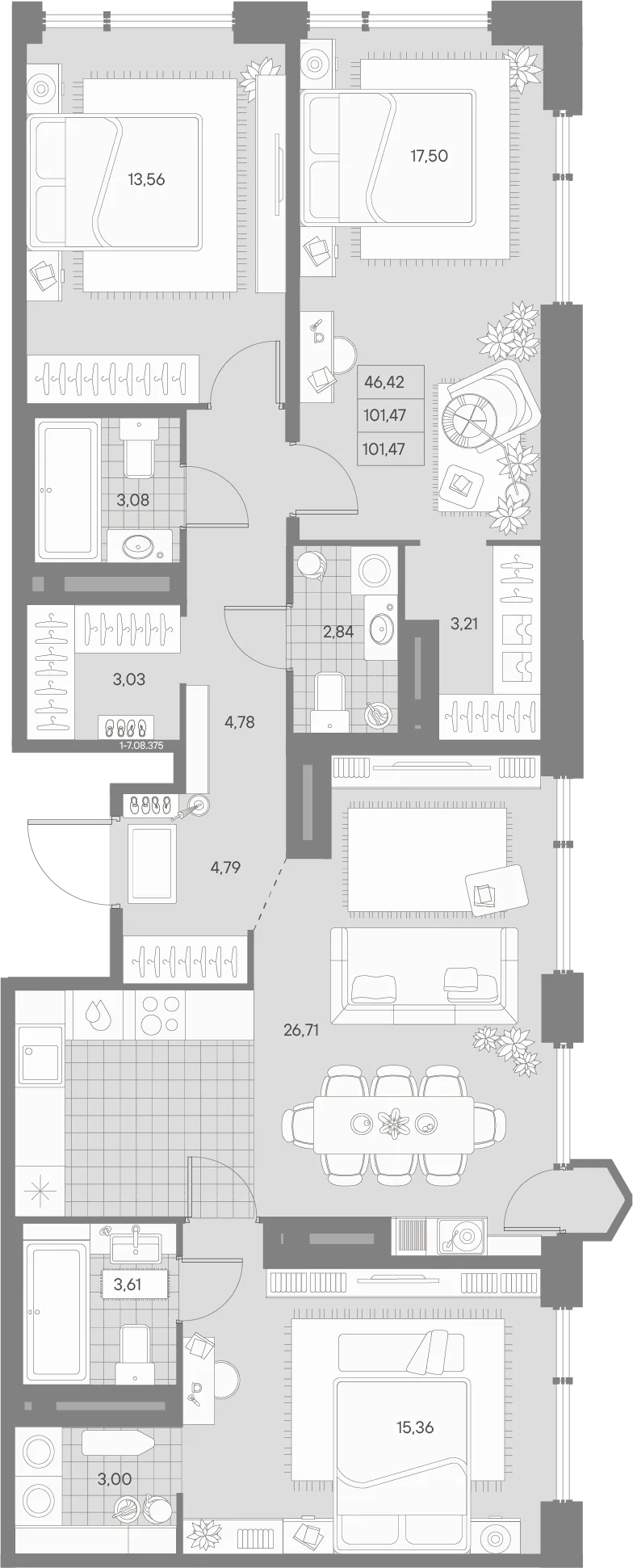 Планировка: Трёхкомнатная квартира 102 м² в «AVANT»