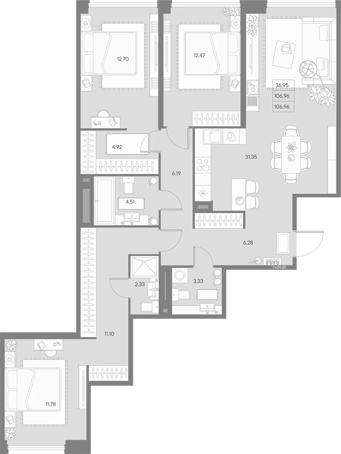 Планировка: Трёхкомнатная квартира 107 м² в «AVANT»
