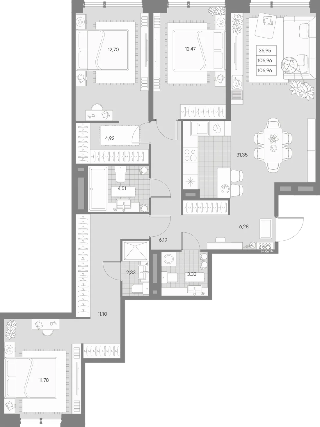 Планировка: Трёхкомнатная квартира 107 м² в «AVANT»