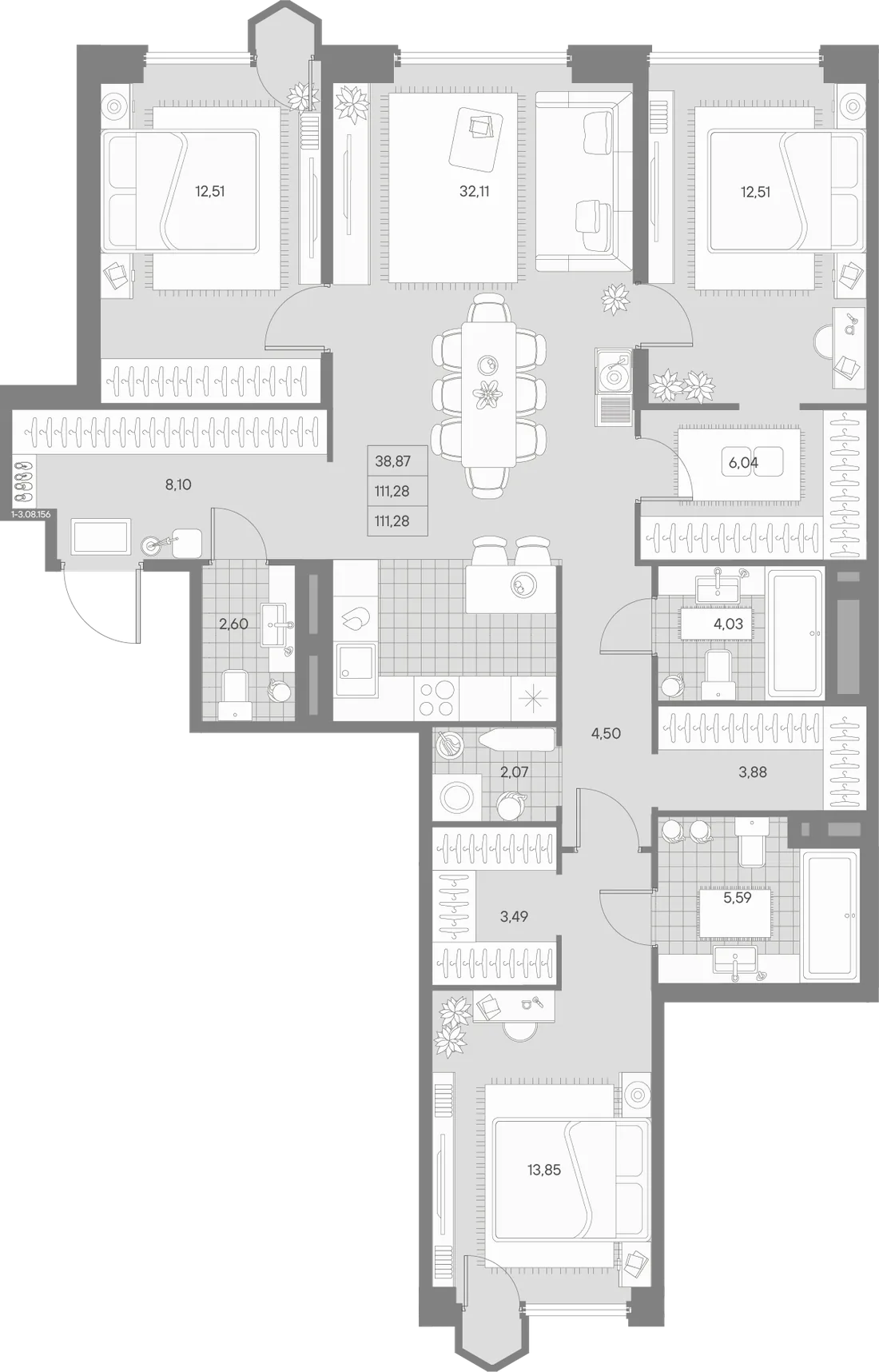 Планировка: Трёхкомнатная квартира 111 м² в «AVANT»