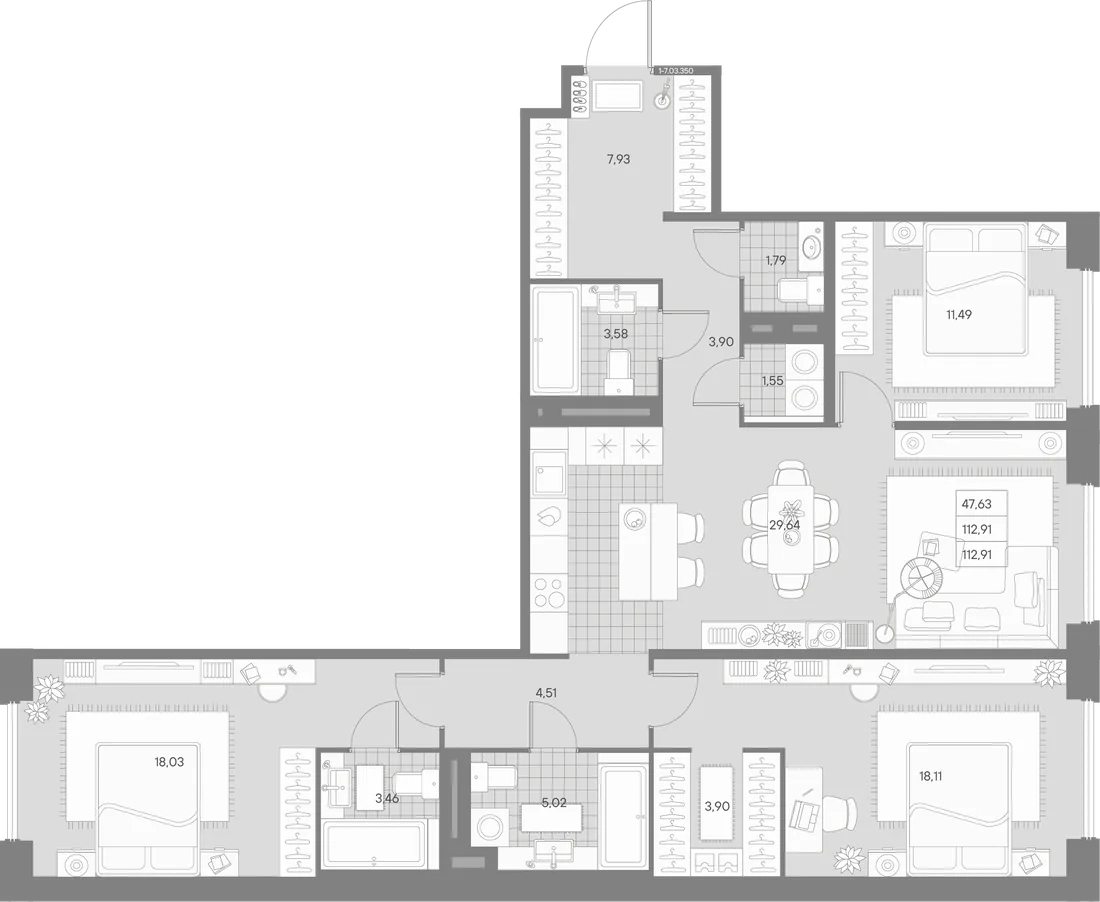 Планировка: Трёхкомнатная квартира 113 м² в «AVANT»