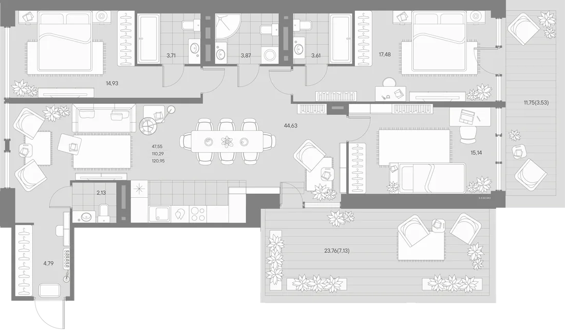 Планировка: Трёхкомнатная квартира 122 м² в «AVANT»