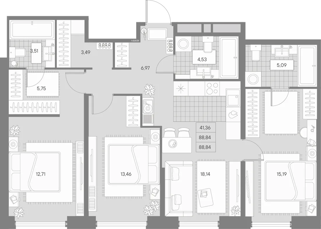 Планировка: Трёхкомнатная квартира 89 м² в «AVANT»