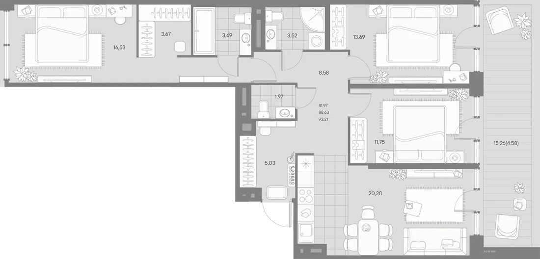 Планировка: Трёхкомнатная квартира 93 м² в «AVANT»