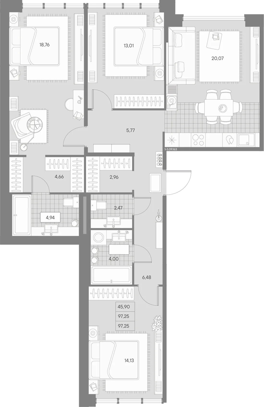 Планировка: Трёхкомнатная квартира 97 м² в «AVANT»