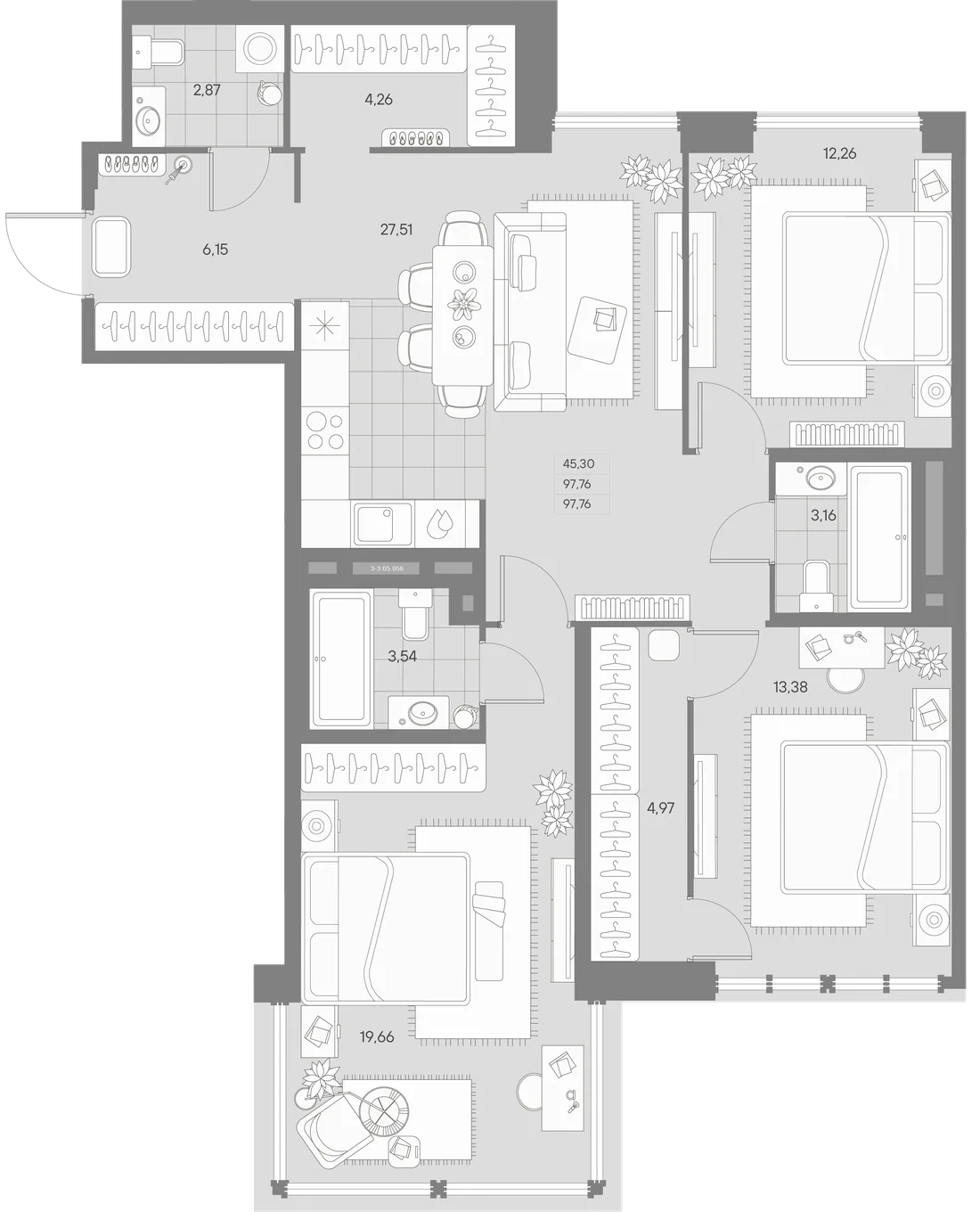 Планировка: Трёхкомнатная квартира 99 м² в «AVANT»