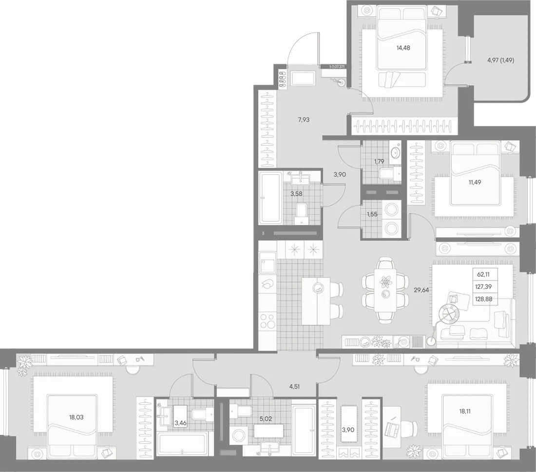 Планировка: Четырёхкомнатная квартира 129 м² в «AVANT»