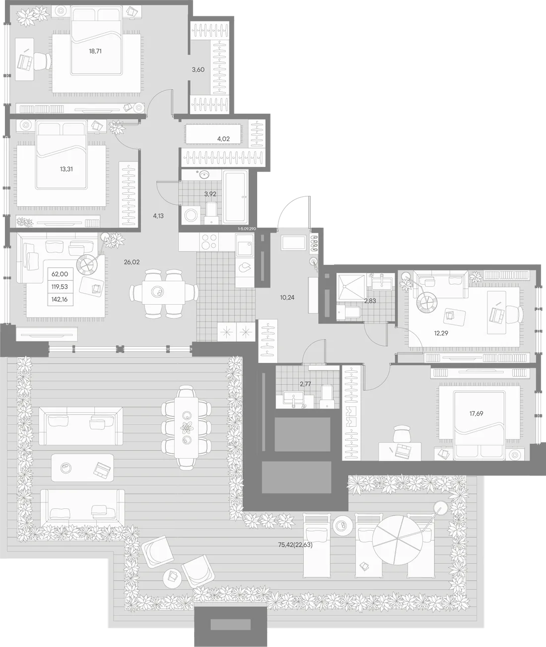 Планировка: Четырёхкомнатная квартира 142 м² в «AVANT»