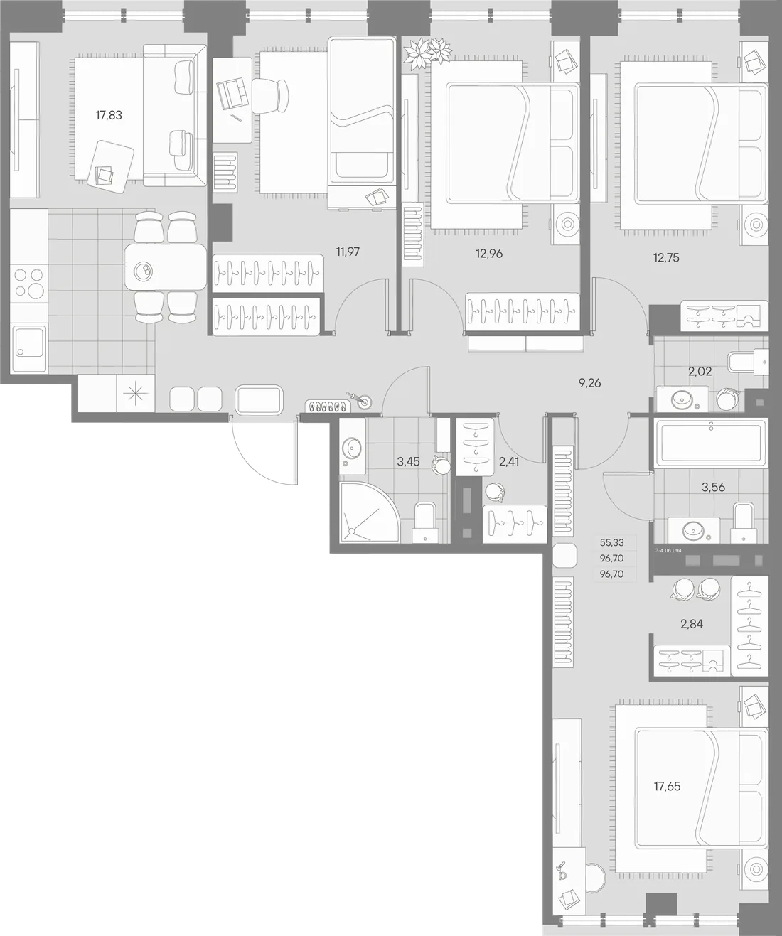 Планировка: Четырёхкомнатная квартира 97 м² в «AVANT»